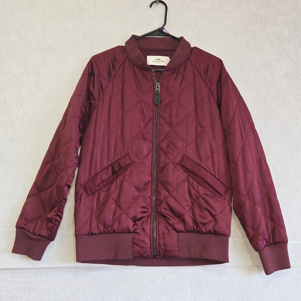 COACH New York Women Quilted Bomber Jacket Burgundy F86472 Size S Leather Trim